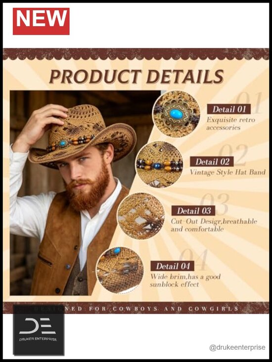 Straw Cowboy Hat Cowgirl Woven Sun Hat Western Shapeable Brim main image 5